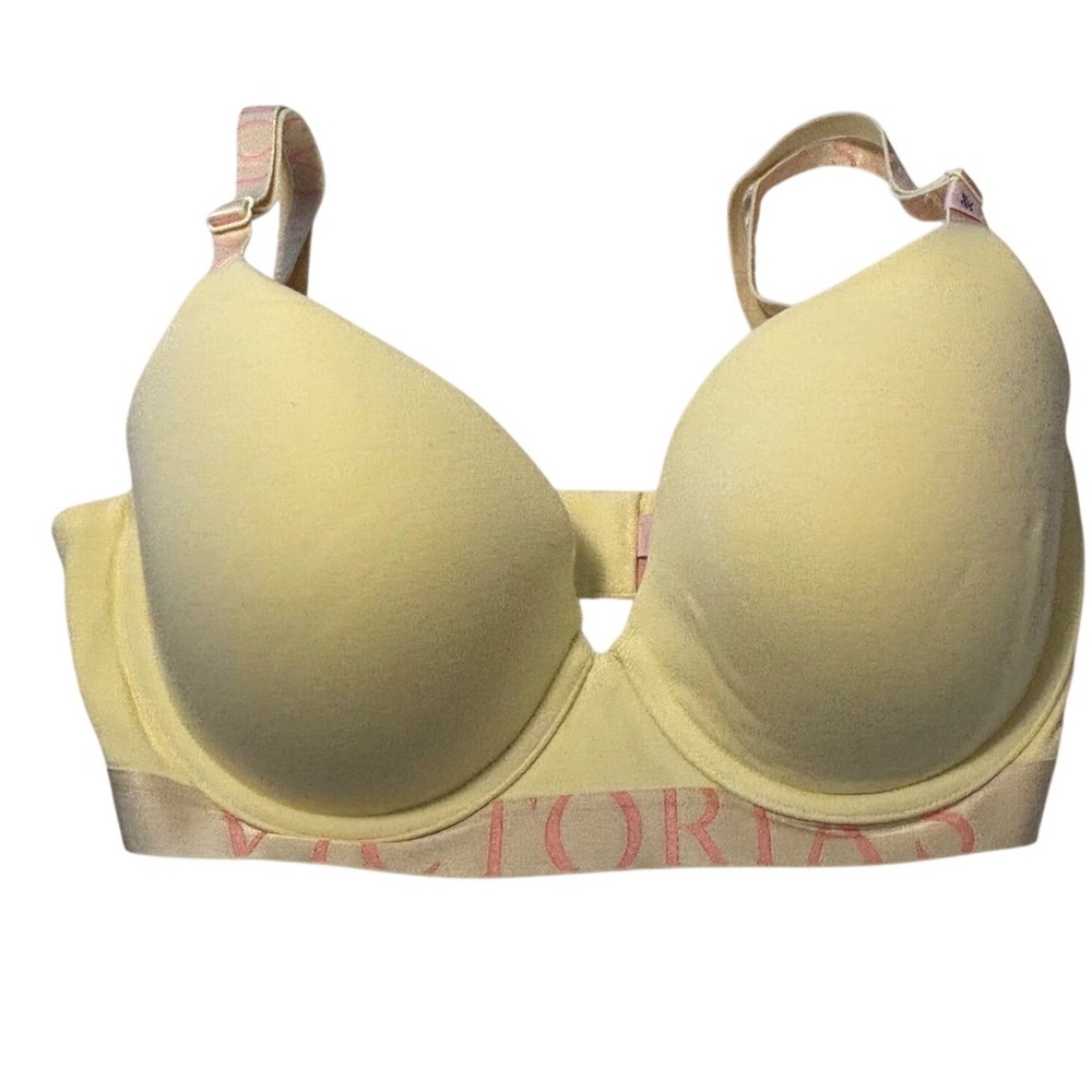 Victoria's Secret T-Shirt Bra Pale Yellow Pink Logo 34DD Underwire Lightly Lined